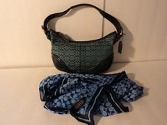 COACH PURSE SIGNATURE FABRIC & BLUE SUEDE PLUS SCARF!