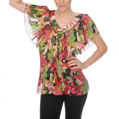 Fuchsia & Green Flutter-Sleeve Top