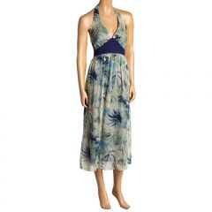 Navy Blue & Green Botanical Silk Halter Dress