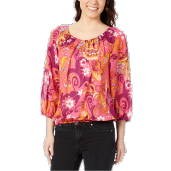 Hot Pink Floral Three-Quarter Sleeve Blouson Top