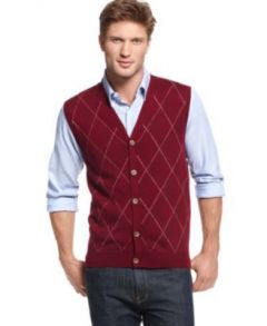 Wool Button Front Argyle Vest Sweater