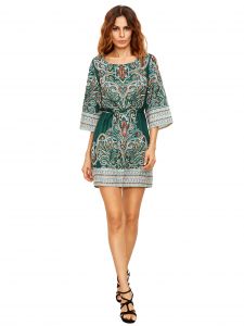 Green Tribal Print Self Tie Dress