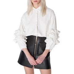 White 3/4 Sleeve Frill Ruffle Button-Down Blouse