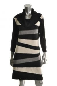 Black-Ivory Cowl Neck Striped Sweater Dress