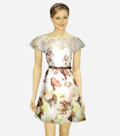 Off-Shoulder Floral Silk Dress