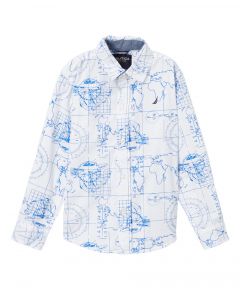 White & Blue Geographic Button-Up