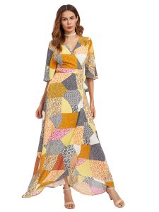 Patchwork Print Surplice Wrap Dress
