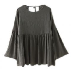 Khaki V-Cut Back Fluted Sleeve Babydoll Blouse