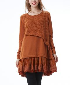 Rust Asymmetrical Crochet Lace-Layered Tunic