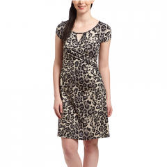 Grey Leopard Ruched Keyhole Neck Dress