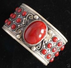 Red Tibet Coral Silver Cuff Bracelet