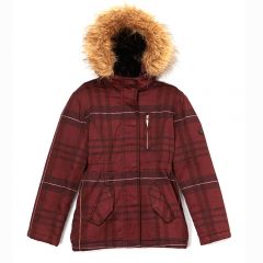 Dark Red Plaid Faux Fur Hooded Coat 